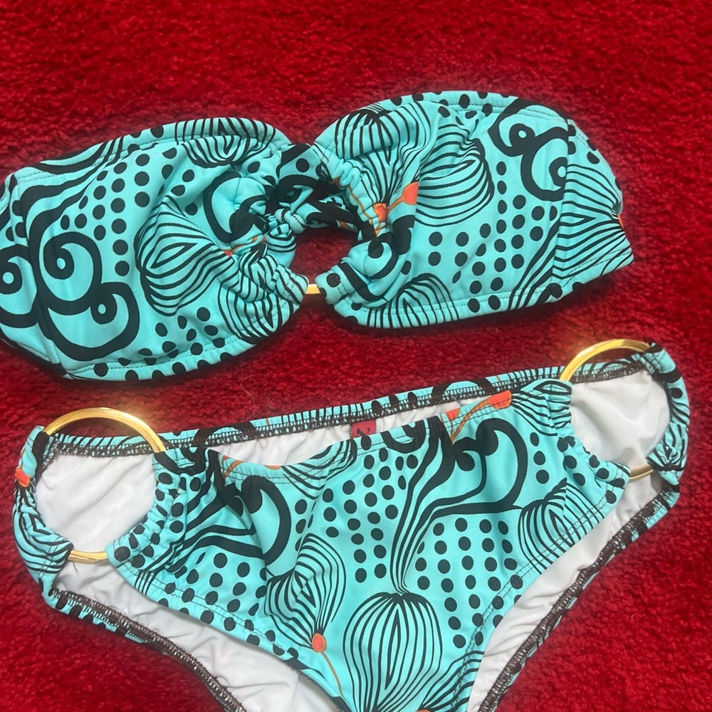 Turquoise and Black Patterned Bikini Set